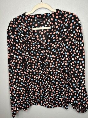 Zac & RachelBlack Blouse with Pink, Light Blue & White Polka Dot Print. Size 2x